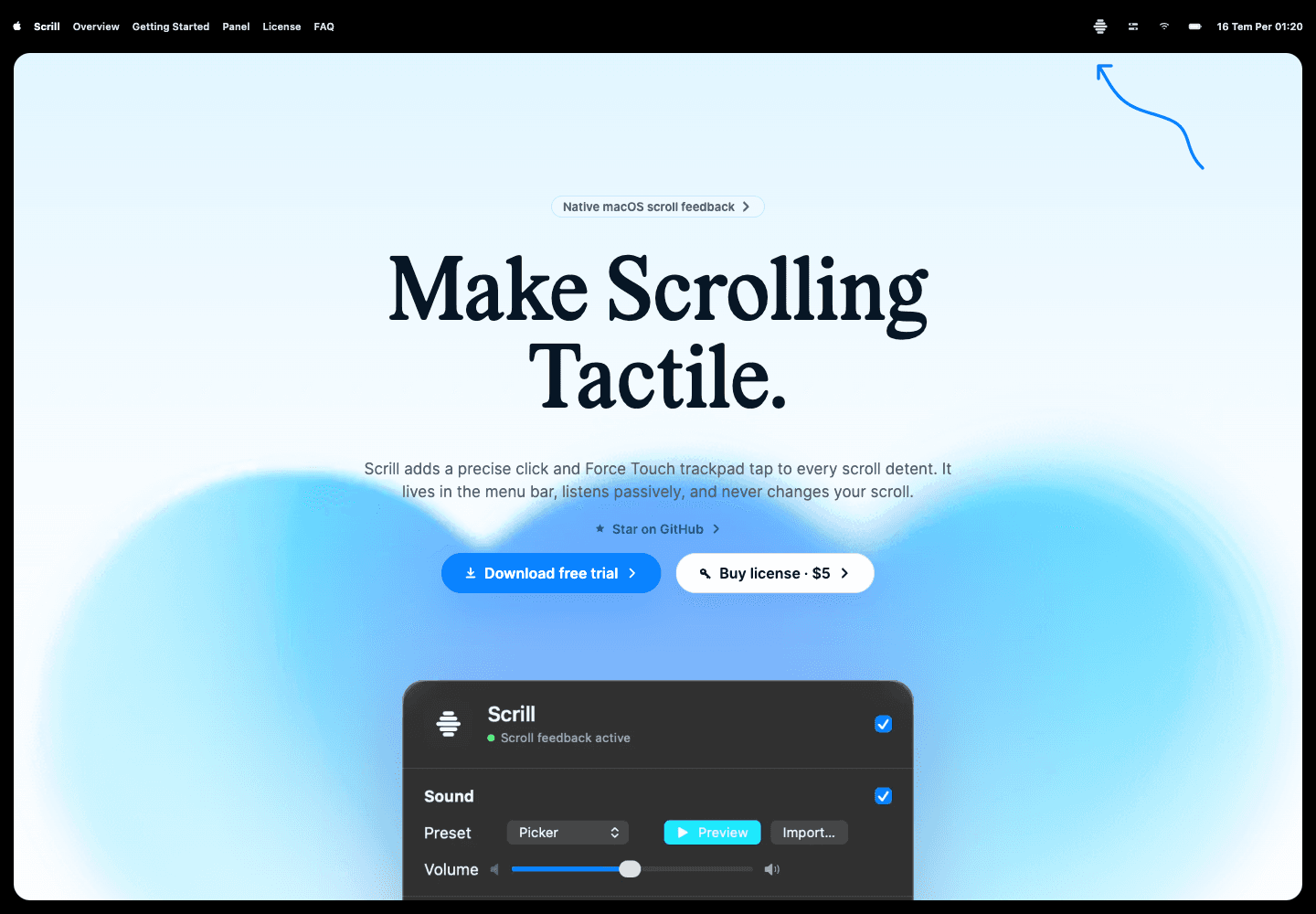 Scrill landing hero ekranında Make Scrolling Tactile başlığı ve menü paneli ekran görüntüsü