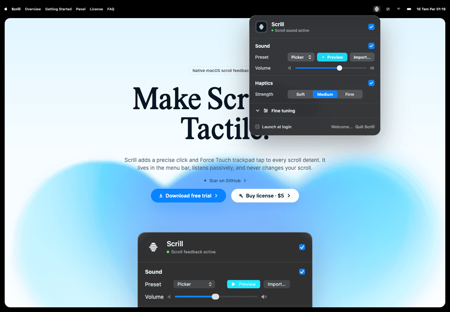 Scrill menü bar panelinde sound preset, preview, volume, haptics strength ve fine tuning kontrolleri