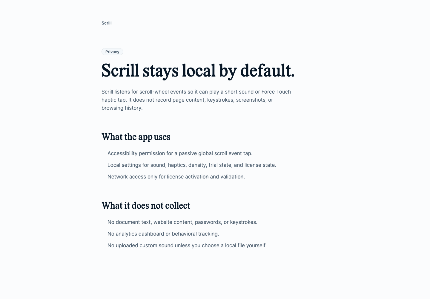 Scrill privacy sayfasında Accessibility izni, local settings ve toplanmayan veriler anlatılıyor