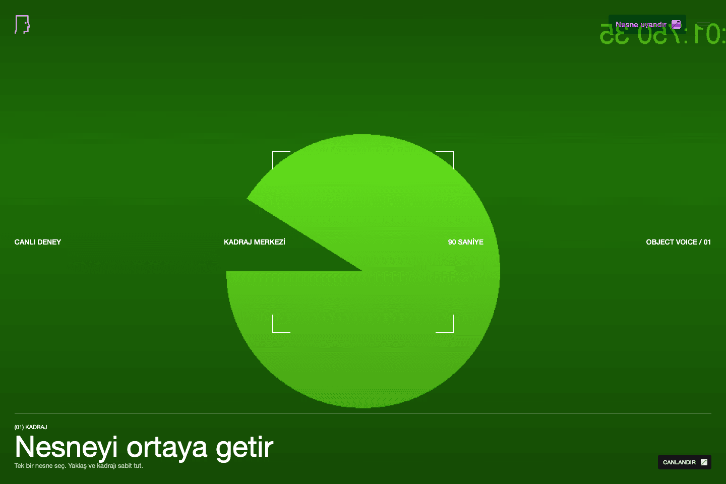 Canlı kamera stateinde merkez reticle, 90 saniye göstergesi ve Canlandır butonu görünen ürün akışı